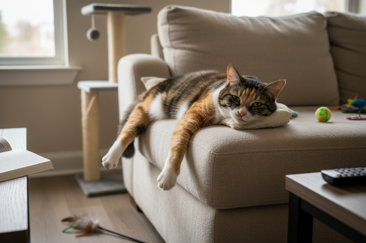  Chat apathique couché sur canapé - signes ennui félin manque stimulation